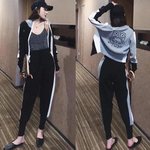 Womens suits spring and summer new fashion knitted cardigan jacket Slim playful Harlan feet pants two-piece suit