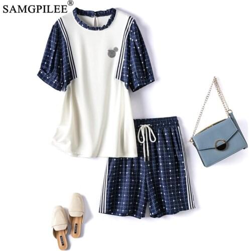 Summer Clothes For Women 2021 New Fashion Short Sleeve Casual Pullover O-neck Elastic Waist Above Knee Mini Patchwork Pant Suits