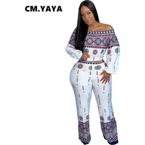CM.YAYA Women Set Print Full Sleeve Off Shoulder Slash Neck Slim Tops Stretchy Flare Pants Two 2 Piece Set Fashion Outfit Autumn