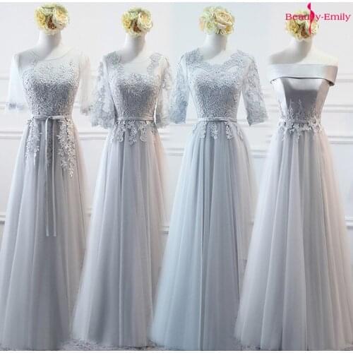 Beauty Emily 2019 Long Lace Appliques Bridesmaid Dresses O Neck Tulle Party Dress Lace Up Back Pleated Vestido de dama de honor