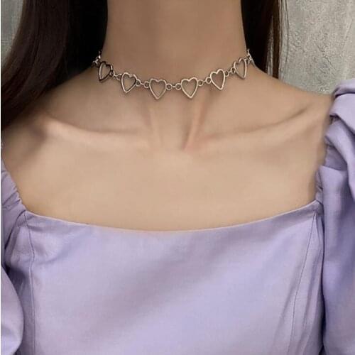 Vintage Silver Hollow Heart Chain Chocker Necklaces For Women Love Collar Necklaces Korean Fashion Statement 2021 Jewelry