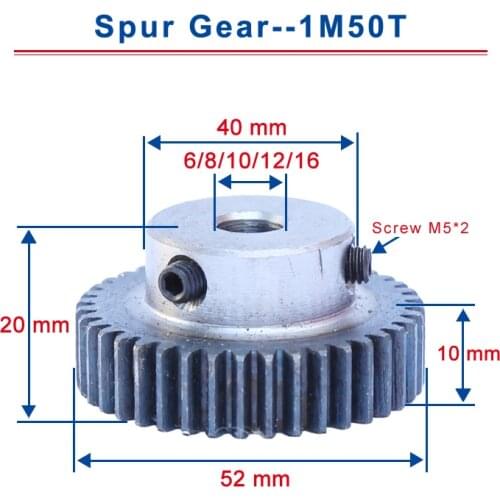 1 Piece 1M50T Spur Gear Bore Size 6/8/10/12/16 mm Motor Gear Low Carbon Steel Material High Quality Metal Gear For Motor