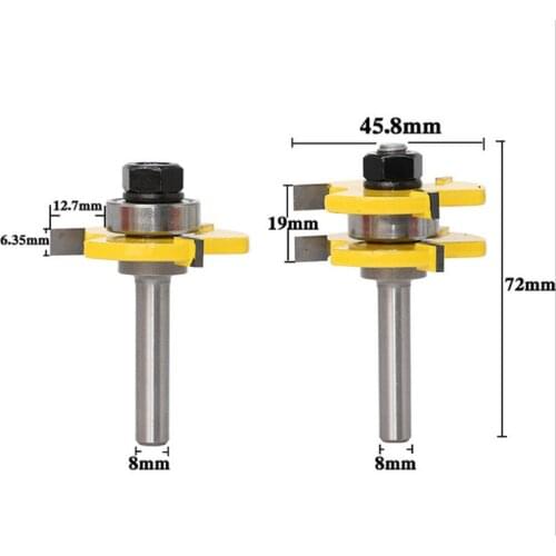 2Pcs 8mm Shank Tongue and Groove Router Bit Set 3 Teeth T-shape Wood Milling Knife Tool