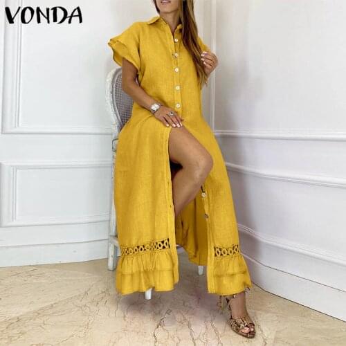 2021 VONDA Sexy Split Hem Women Maxi Dress Summer Casual Flare Sleeve Long Dresses Loose Lapel Collar Ruffled Hem Vestidos Robe