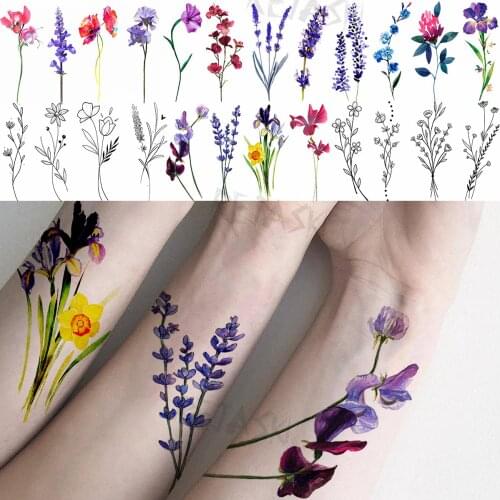 Watercolor Lavender Sweetpea Temporary Tattoos For Women Adult Tulip Realistic Fake Tattoo Waterproof Body Art Tatoos Decal