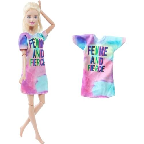 BJDBUS 1 Pcs Doll T-shirt Dress Colourful Letter Summer Casual Wear Fashion Cool Clothes for Barbie Doll Accessories Baby Toys