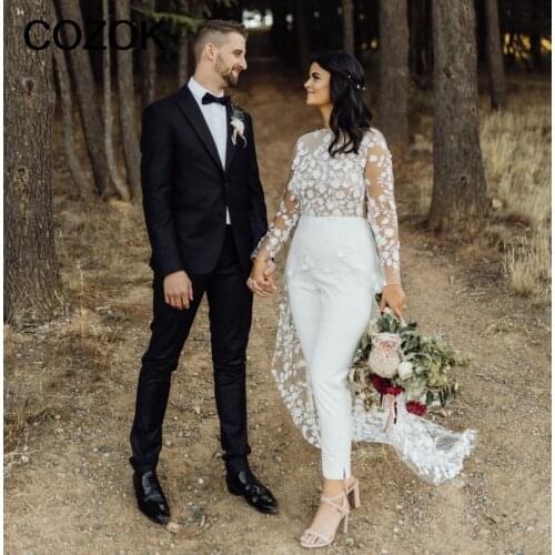 Boho Country Wedding Jumpsuit With Train 2021 Jewel Neck Long Sleeve Lace Floral Backless Summer Holiday Beach Bride Pant Suit