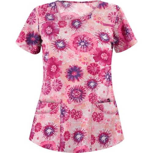 Hospital uniform Print Nursing Scrubs Tops T Shirt Casual Short Sleeve Women Scrubs Uniforms Nurse V-neck Pocket Women Clothes