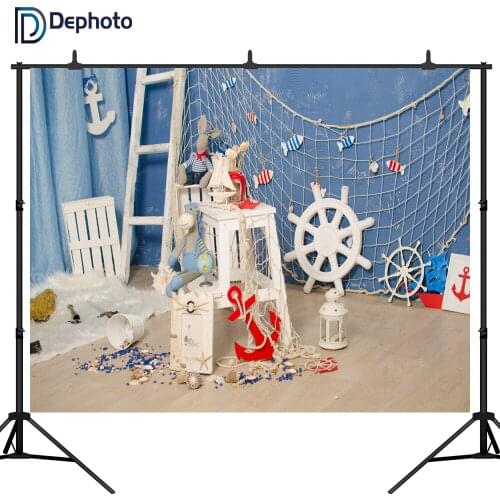 DePhoto Net Anchor Shells Wooden Boards Scene Baby party Photography Backgrounds Custom Photographic Backdrops For Photo Studio