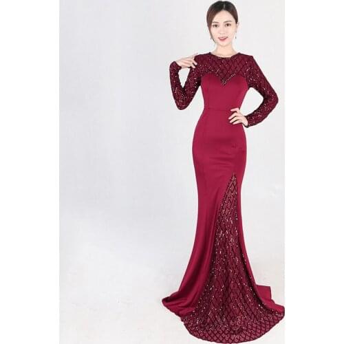 Corzzet Wine Red Sequined Long Sleeved Elegant Noble Fishtail Dress Banquet Long Mermaid Slit Elegant Party Dress