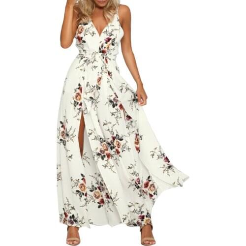 Women Sexy High Split Wide Leg Loose Jumpsuit Sleeveless V-Neck Backless Boho Floral Printed High Waist Bow Tie Long Pant Romper