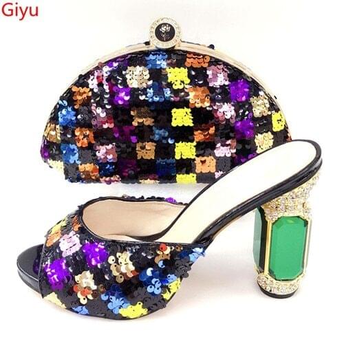 Doershow beautiful colorful Shoes With Matching Bags African Women Shoes and Bags Set For Prom Party Summer Sandal!SKI1-2