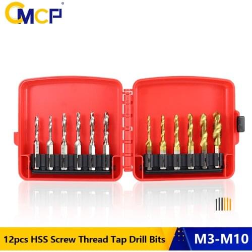 CMCP 12pcs HSS Screw Thread Tap Drill Bits Set 1/4" Hex Shank Screw Spiral Point Thread Drill Machine Taps with Box Hand Tools