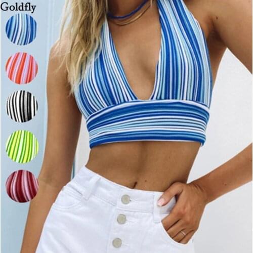 Summer V Neck Stripe Bandage Crop Top Women Sexy Corset Top Backless Sleeveless Tank Tops Casual Off Shoulder Beach Halter