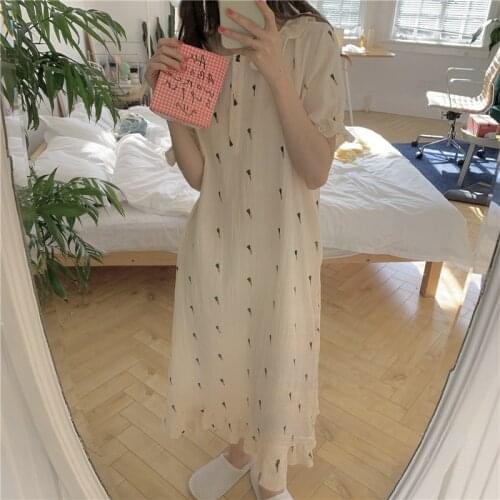 Summer Nightgown Vintage Loose Long Nightdress Sleepwear Cotton Buttons Sweet Home Clothes Lace Ruffles Oversized Carrot Print
