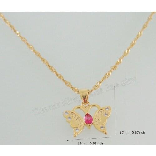 Min Order 10$/- YELLOW GOLD OVERLAY FILLED BRASS 18" NECKLACE & BUTTERFLY RED CZ STONE PENDANT IT HANGS 17MM 0.67inch