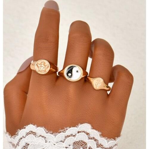 Fashion Yinyang Enamel Rings for Women Geometric Gold Carved Angel Rose Flower Rings Set Party Jewelry Gifts