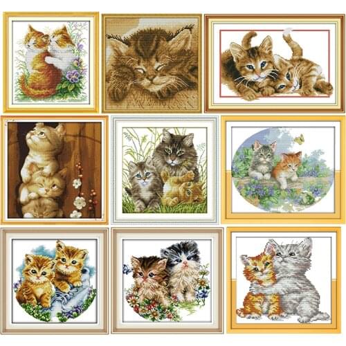 Cat Family Cross Stitch Kits 11CT14CT Animals Printed Pattern Crafts Chinese Needlework DIY Counted Embroidery Accessories Decor
