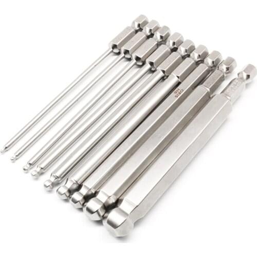 HOT-9Pcs S2 Steel Magnetic Hexagon 100Mm Length Ball Head Hex Driver Bit Set Manual Tool H1.5H2 H2.5 H3 H4 H5 H6 H8 H10