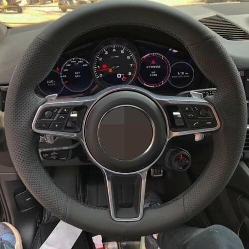 Car Steering Wheel Cover Hand-Stitched Non-Slip Steering Wheel Covers Black Genuine Leather For Porsche Macan Cayenne 2015-2016