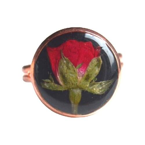 Red Rose Real Flower Glass Rose Gold Color Copper Resizable Wedding Rings For Women Jewelry Boho Vintage Ladies Love Romantic