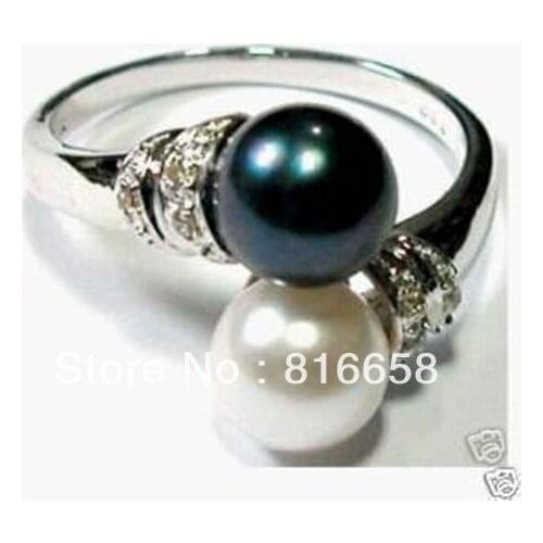 Charming double black white Freshwater pearl womens ring size:6-9