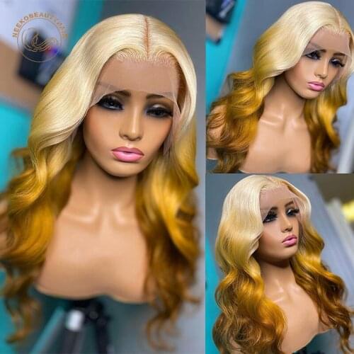 Ombre Blonde Yellow Lace Frontal Wigs Wavy 13X4 Lace Front Wig 180% Density Pre-Pluck Body Wave 2 Tones Colored Human Hair Wigs