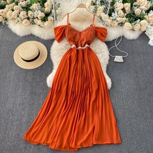 SINGREINY French Pleated Strap Dress Women Sexy V Neck Backless A-line Party Dress Summer Elegant Off Shoulder Beach Maxi Dress