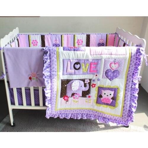 8pieces cotton baby crib bedding set ,quality purple owl newborn baby girl bedding,100% cotton cot nursery bedding