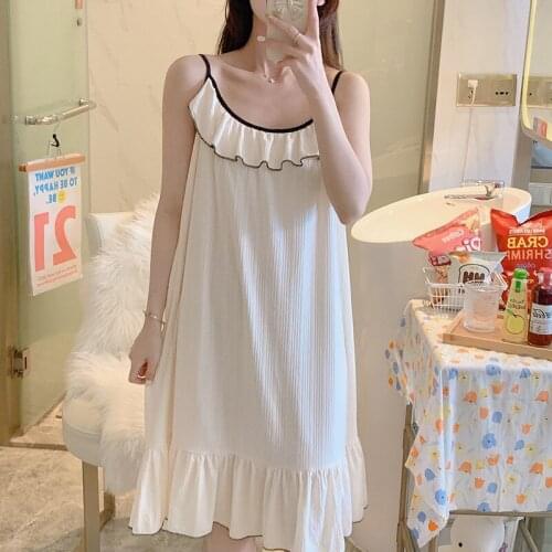 Simple Sling Nightdress Womens Summer Japanese Simple Leisure Long Skirt Loose Solid Color Sexy Nightgown Home Dress Sleepwear