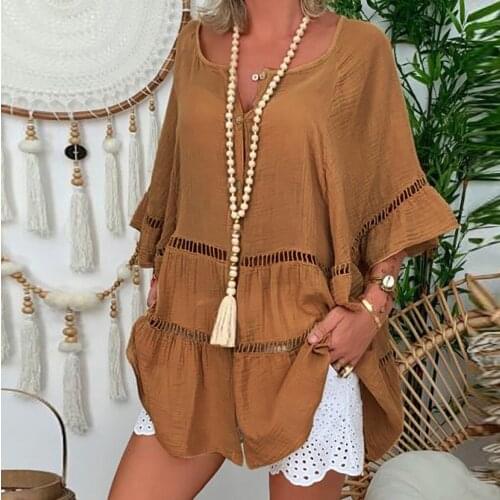 Womens Plus Size Solid Cotton And Linen Hollow Out V-neck Pullover Tops Shirt Blusas Y Camisas Femme Блузки Женские Новинки