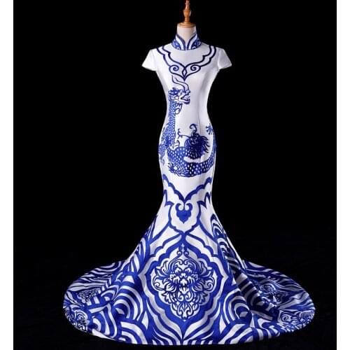 Luxury Blue White Backless Cheongsam Qipao Dresses Chinese Evening Gown China Dress Traditional Robe Chinoise Oriental Qi Pao