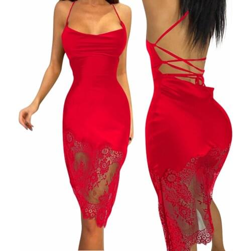 Sexy Women Floral Lace Slip Dress Ladies Sleeveless Slim Fit Backless Bandage Midi Dress Casual Sundress Evening Party Dress
