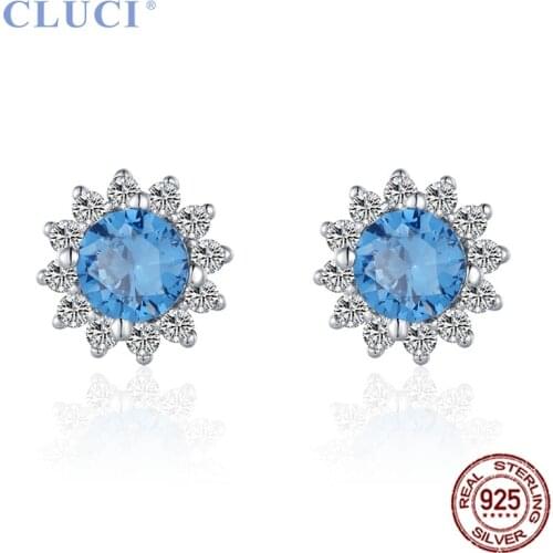 CLUCI Silver 925 Big Blue Zircon Sunflower Earrings for Women Wedding Engagement Sterling Silver Stud Earrings Jewelry DE018SB