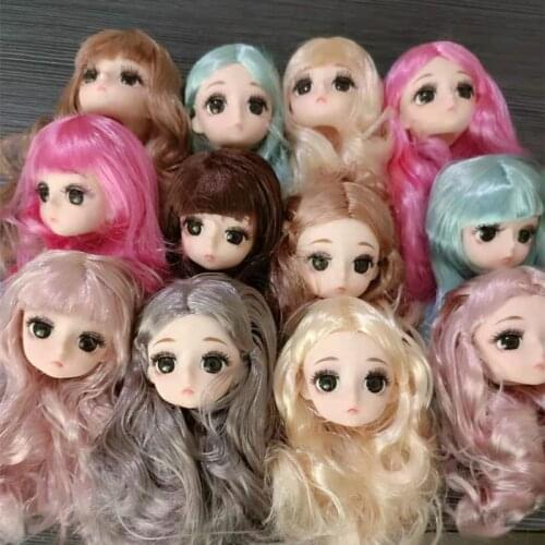 BJD Doll Head Suitable for 30cm Fat Doll Body Cute 4D Big Eyes Real Eyelashes Multiple Hairstyle Girl Fashion DIY Dress Up Toy
