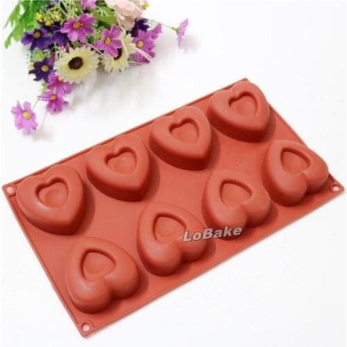 Newest 8 cavities heart in heart shape silicone cake moulds chocolate pops biscuit bakery DIY ice cube soap pastry mold supplies
