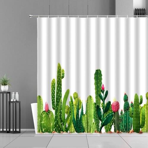 Tropical Plants Cactus Shower Curtain Green Landscape Bath Curtains Waterproof Home Bathroom Decor Screen Set Bathtub Partition