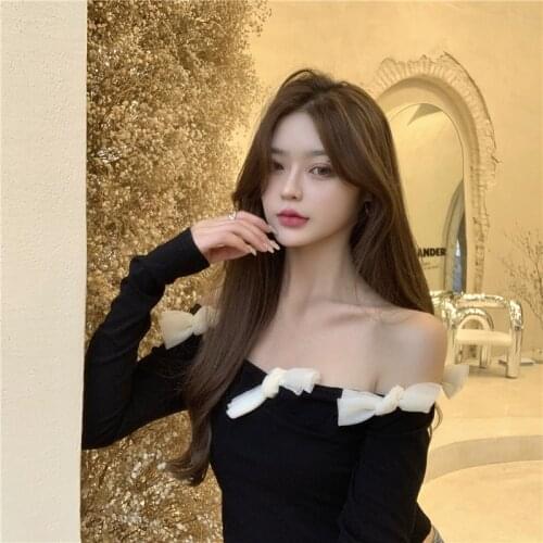 Mesh Bow T-shirt Female Spring Summer Off Shoulder Sexy Slim Tight Short Baseshirt Long Sleeve Low Cut Undershirt Black