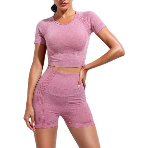Women 2 Pieces Yoga Set Sport Suit Gym Wear Workout Clothes Short Sleeve Gym Crop Top High Waist Leggings Fitness Sports Wear