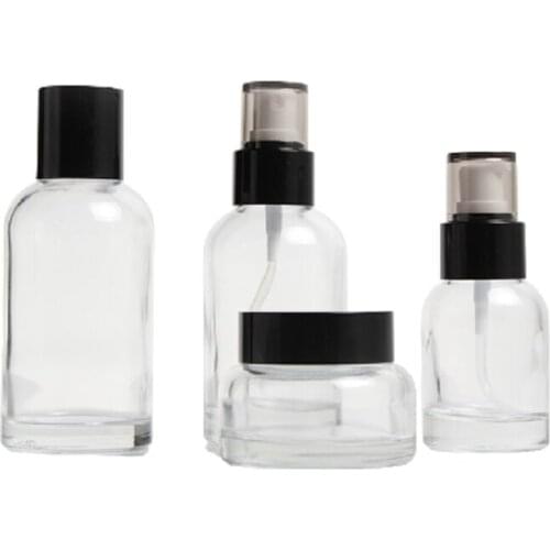 120ml 100ml 40ml Black Lid Empty Cosmetic Packaging Clear Glass Toner Spray Atomizer Lotion Pump Refillable Bottle 50G Cream Jar