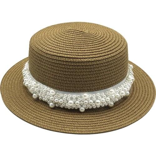 2020 summer Flat sun hats for women chapeau feminino straw hat panama style cappelli Side with pearl Beach bucket cap girl topee
