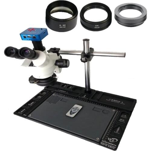 3.5X-90X Simul-focal Trinocular Microscopio Stereo +2K 21MP HDMI USB Digital Microscope Camera+144 Lights+alloy repair table
