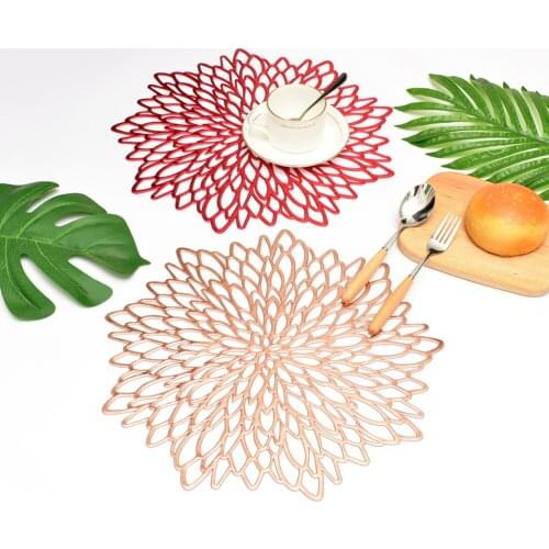 6pcs PVC Placemat Heat Resistant Hibiscus Flowers Shape Mat Dining Table Hollowed Gold Stamping Placemat Kitchen Accessories