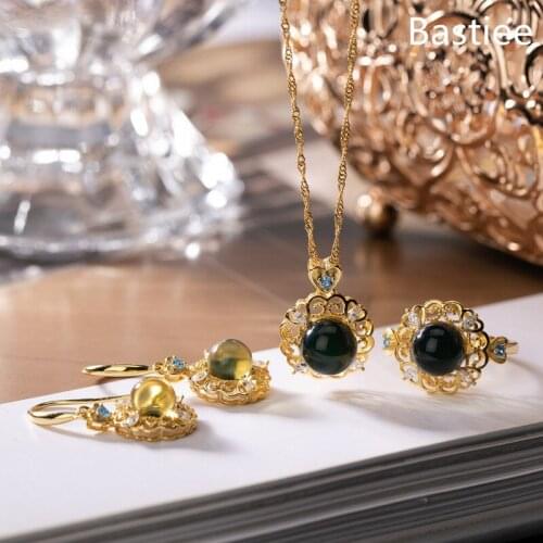 Bastiee Luxury Silver 925 Jewelry Set For Women Rings Necklace Pendant Drop Earring Golden Plated Banquet Mexican Amber