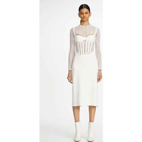 Free shipping high quality white sexy tight round neck lace patchwork rayon bandage evening party dress