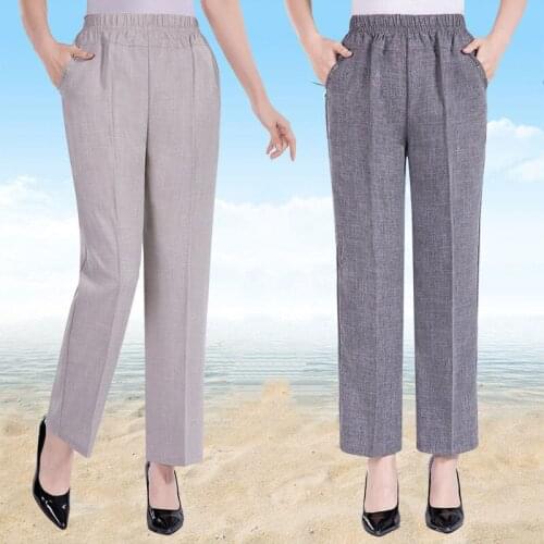 Plus Size 6XL Womens Trousers New Summer Elastic High Waist Straight Pants Middle-aged Elderly Casual Cotton Linen Pants W2341