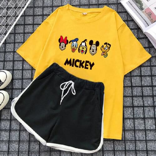 Disney Mickey Mouse Donald Duck loose plus size slim shorts set summer new leisure fitness yoga sports ladies two piece suit