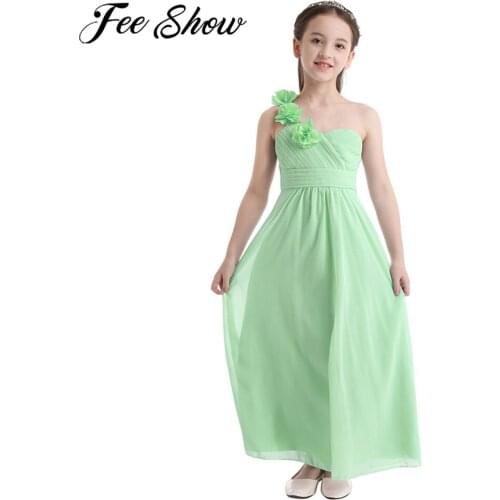 Girls Chiffon One-shoulder Flower Girl Dress Princess Pageant Wedding Bridesmaid Birthday Party Dress Chilren Dress