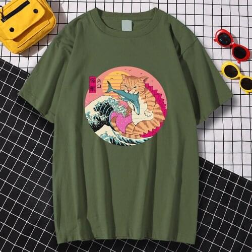 Ukiyoe Japanese Cat Cartoon Catana Print T shirts Summer Man Oversized Loose Tops Japan Anime Harajuku Vintage Casual Tshirts