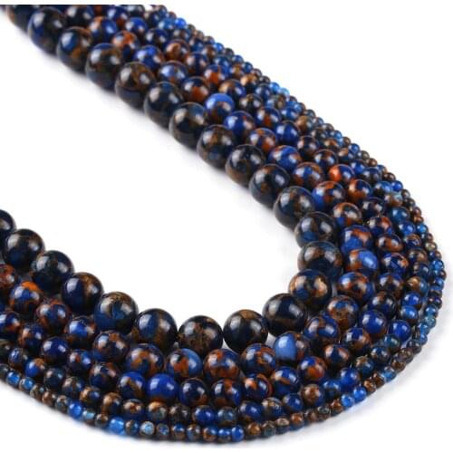 Smooth Round Stone Beads ,Blue Gold Color Loose Beads 15" Strand 4 6 8 10 12MM Pick Size For Jewelry Making